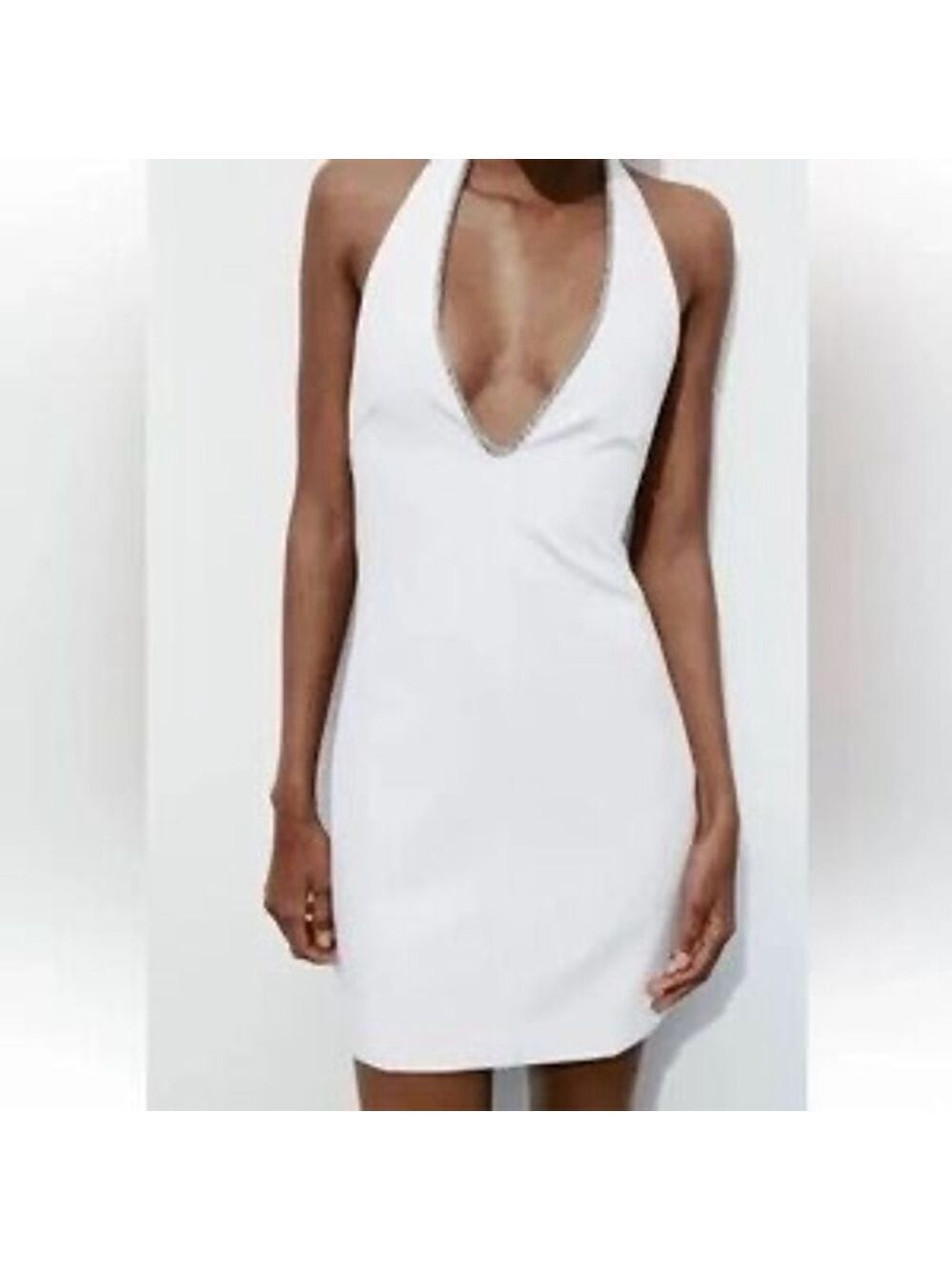Women's Zara White Halter Mini Dress with Silver Chain Trim S